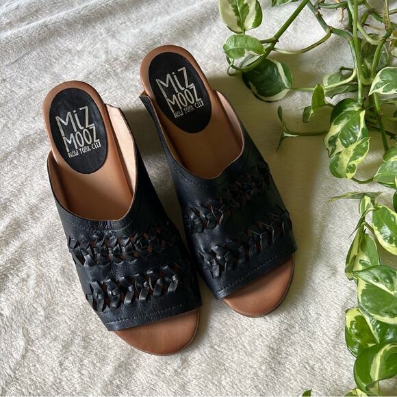 Miz Mooz Briar Black Leather Mule-Style Heeled Sandals - Picture 2 of 9